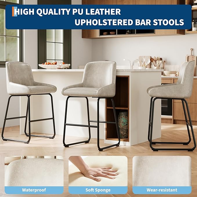 IDEALHOUSE Counter Height Bar Stools Set of 4, PU Leather Barstools with Back and Footrest, Modern Industrial Metal Frame Armless Bar Chairs for Kitchen Island, Counter, Grey