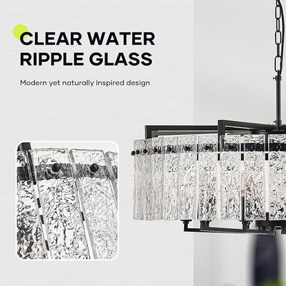 Black Crystal Chandeliers for Dining Room 10-Light, 29.5” Modern Water Ripple Glass Light Fixture, Farmhouse Round Lighting for Kitchen Island, Bar Table