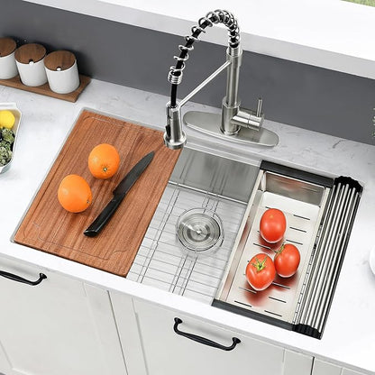 31 inch Undermount Kitchen Sink, 31x18 Inch Undermount Workstation Sink Single Bowl 16 Gauge 10 Inch Deep Handmade Stainless Steel Kitchen Sink with Cutting Board