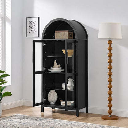 Ball & Cast 67" Tall Arched Kitchen Pantry Cabinet with Lamp, Modern Wooden Storage Cabinets with Glass Doors & Adjustable Shelves,Versatile Display Cabinet for Kitchen, Living Room,Dining Room,Black