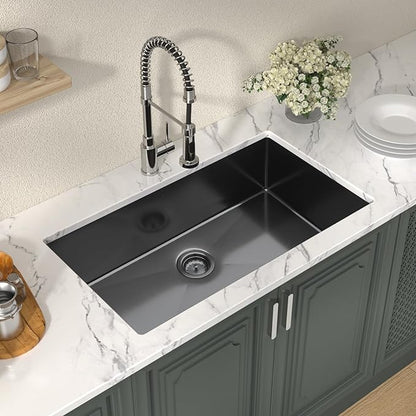 Lordear 32 Black Kitchen Sink Undermount 32x19x10 Inch Gunmetal Black 16 Gauge Stainless Steel Single Under Counter Rectangular Handmade Sinks Basin