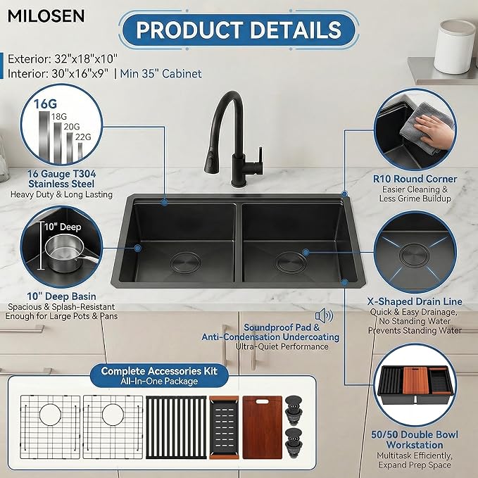 MILOSEN Black Double Bowl Kitchen Sink, 32 x18 inch 16 Gauge T304 Black Stainless Steel Undermount Workstation Sinks, 10'' Deep 50/50 Double Bowl Basin, Handmade Black Sink with Accessories