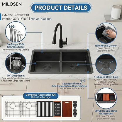 MILOSEN Black Double Bowl Kitchen Sink, 32 x18 inch 16 Gauge T304 Black Stainless Steel Undermount Workstation Sinks, 10'' Deep 50/50 Double Bowl Basin, Handmade Black Sink with Accessories