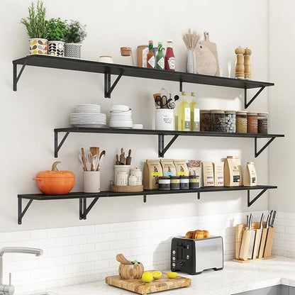 Acovy Floating Shelves for Wall Decor,24" Wx8 D Wall Mount Floating Bookshelf Set of 2,Hanging Storage Shelf with Sturdy Metal Brackets,Wooden Shelf for Living Room,Bedroom,Bathroom,Black