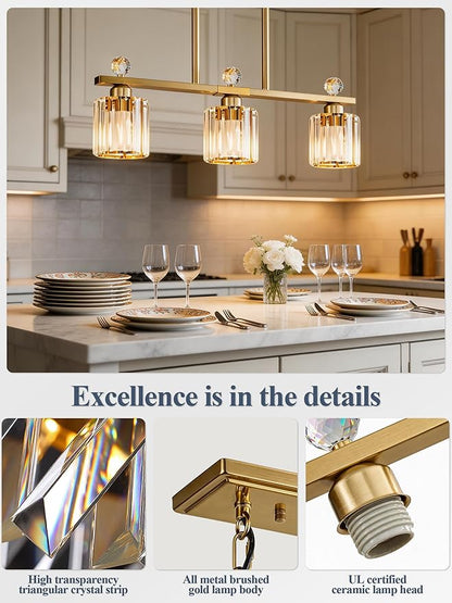 Crystal Island Light for Kitchen Over Table,Gold Linear Pendant Light for Dining Room Light Fixture,3-Lights Ceiling Hanging Chandeliers Dining Room Lighting Fixture with Luxury Crystal Shade