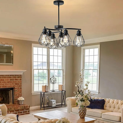 6-Light Black Chandelier,Farmhouse Chandeliers for Dining Room Light Fixtures Over Table,21.7" Industrial Hanging Pendant Lighting with Metal Cage Shade for Kitchen Island Entryway Foyer Bedroom