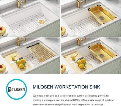 MILOSEN White Undermount Kitchen Sink, 27×18 Inch Integrated Workstation Ledge with Offset Drain, Granite Composite 9 Inch Under Counter Single Bowl Sinks Basin, Deep Quartz Sink with Accessories