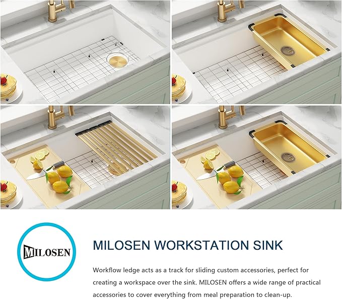 MILOSEN White Undermount Kitchen Sink, 33×18 Inch Workstation Ledge Under Counter Single Bowl Sinks with Offset Drain, Granite Composite Quartz Material, 9'' Large Deep Sinks With Gold Accessories