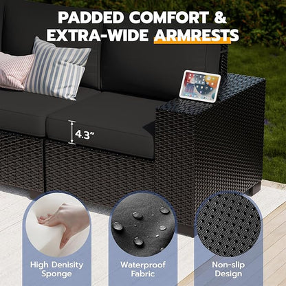 Patio Furniture Set, Wide Armrest Outdoor Furniture Set with Thick Cushions, 6 Piece Wicker Rattan Patio Sectional Sofa for Backyard, Poolside, Garden