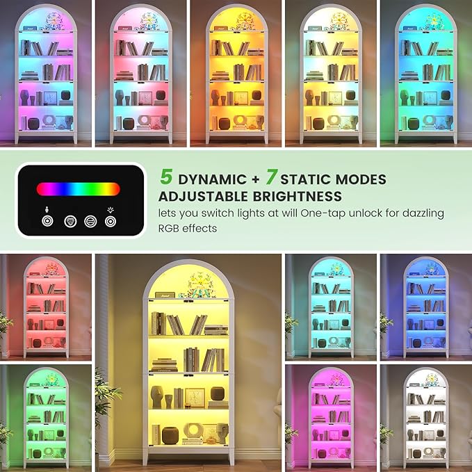 HNEBC Arched Book Shelf with Glass Doors, LED Bookcase with RGB Lights, 5 Tier Cabinet Has 9-Cube Storage, 69" Display Cabinet for Living Room,Bedroom(White)