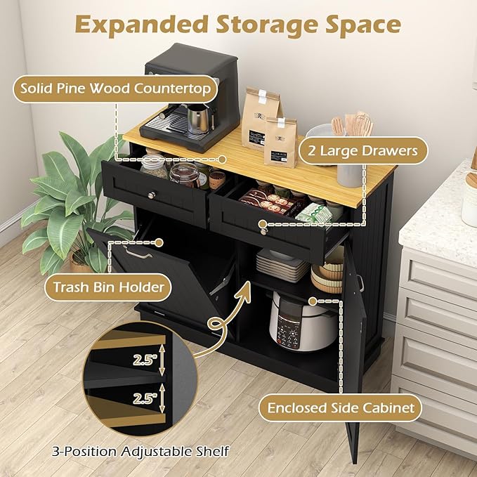 Giantex Tilt Out Trash Can Cabinet, Kitchen Island Table w/Solid Wood Top, 2 Drawers, Adjustable Shelf for Hidden Laundry Hamper, Pet Proof Garbage Can for Dining Living Room (Black, 14.5 Gal)