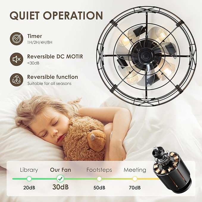 ZYD 20" Caged Ceiling Fan with Light, Farmhouse Cieling Fan with Quiet DC Motor, Rustic Metal Cage with Wood Grain Accent, Ideal for Bedroom, Living Room, Kitchen, Dining Room, Cafés, Restaurants