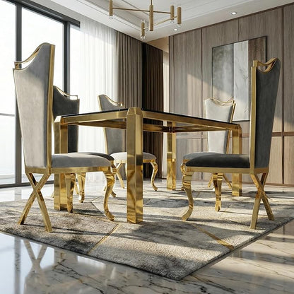 63 Inch Luxury Gold Dining Table for 4-6 People, 10mm Thick Rectangular Black Tempered Glass Top with Stainless Steel Base, Modern Kitchen Table for Dining Room