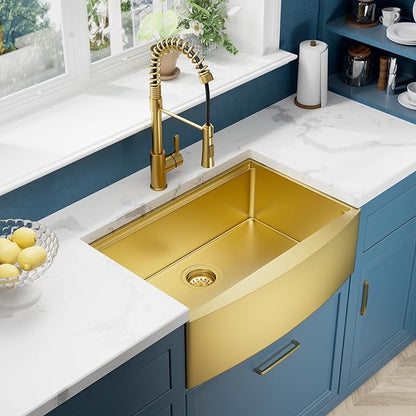 30" Luxury Gold Farmhouse Sink – ALWEN 16 Gauge Workstation Apron Front Sink, 10" Depth Single Bowl with R10 Radius & Accessories