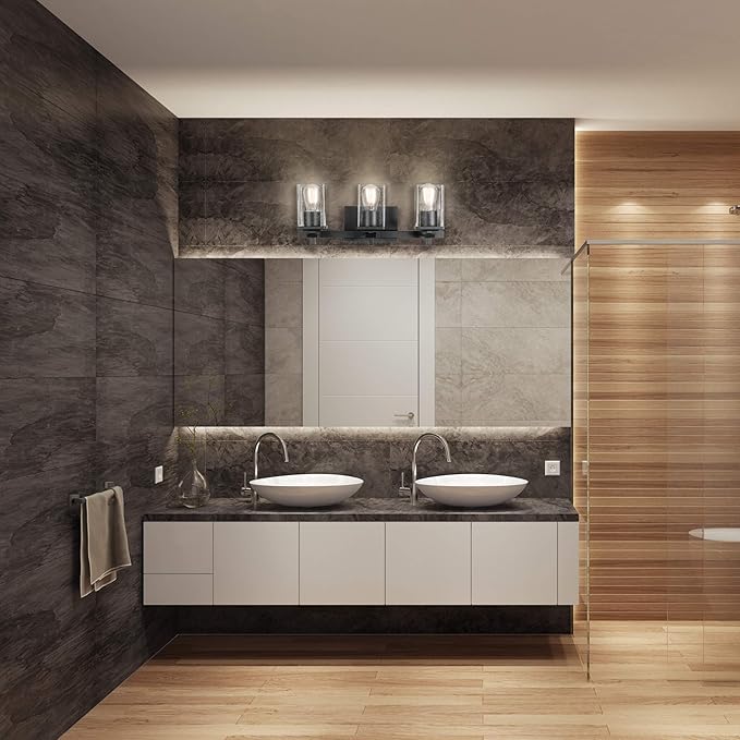 Globe Electric 51634 Dakota 5-Piece All-in-One Bathroom Set 3 Vanity Light with Seeded Glass Shades, Bar, Toilet Paper Holder, Towel Ring, Robe Hook, Matte Black