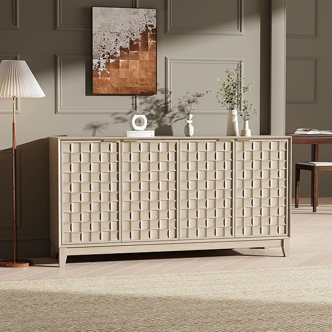 MALOL Sideboard Buffet Cabinet with Storage, Modern 4-Door Buffet Table with 3D Checkerboard Doors & Solid Wood Legs, Large Coffee Bar Cabinet for Dining Room, Living Room, Entryway, Oak