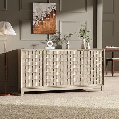 MALOL Sideboard Buffet Cabinet with Storage, Modern 4-Door Buffet Table with 3D Checkerboard Doors & Solid Wood Legs, Large Coffee Bar Cabinet for Dining Room, Living Room, Entryway, Oak