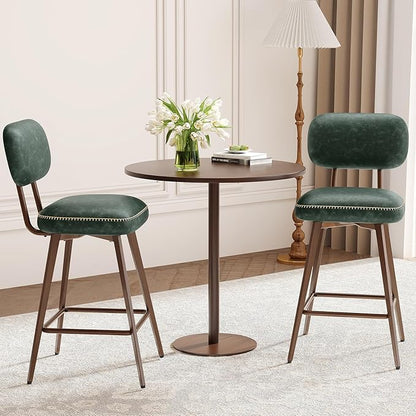 MALOL 26“ Swivel Bar Stools Set of 2, Mid Century PU Leather Counter Height Bar Chairs with Low Back and Metal Legs, Modern Bar Stool Chair for Kitchen Island, Green
