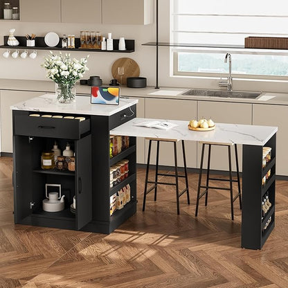 Modern Kitchen Island with Storage, Black MDF Particle Board, Marble Top, Extendable Counter Space, Multiple Drawers and Shelves, 80.7x33.4x35.3 Inches