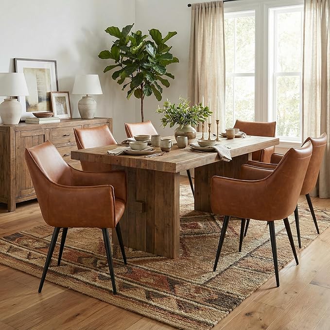 Brown PU Leather Chair, Upholstered Dining Room Chairs with Arms Set of 2 Mid Century Modern Kitchen Chair with Black Metal Legs Comfy Desk Armchair for Restaurant