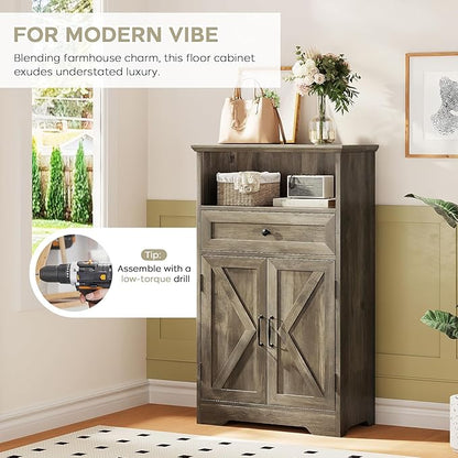 Floor Cabinet, Farmhouse Storage Cabinet with Barn Doors and Drawer, Freestanding Adjustable Shelf Organizer for Bathroom, Kitchen, Living Room Grey