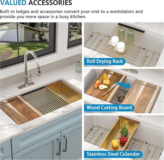 30"x19" Granite Composite Kitchen Sink - White Undermount Ledge Workstation Quartz Classic Under Counter Single Bowl Sink Basin with Gold Accessories