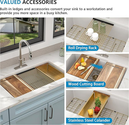 30"x19" Granite Composite Kitchen Sink - White Undermount Ledge Workstation Quartz Classic Under Counter Single Bowl Sink Basin with Gold Accessories