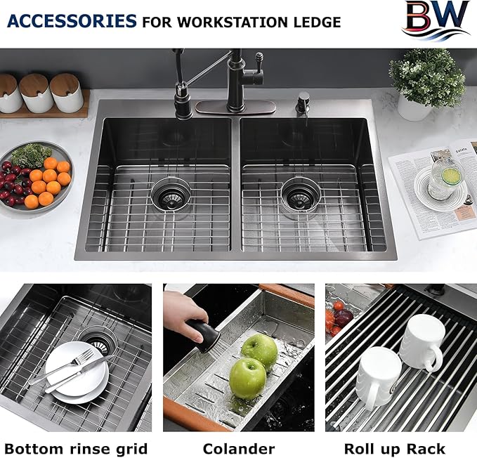 33x22 Inch Black Double Bowl Kitchen Sink Drop In - 16 Gauge Stainless Steel 50/50 Split, Top Mount Drop In Kitchen Sink Double Bowl