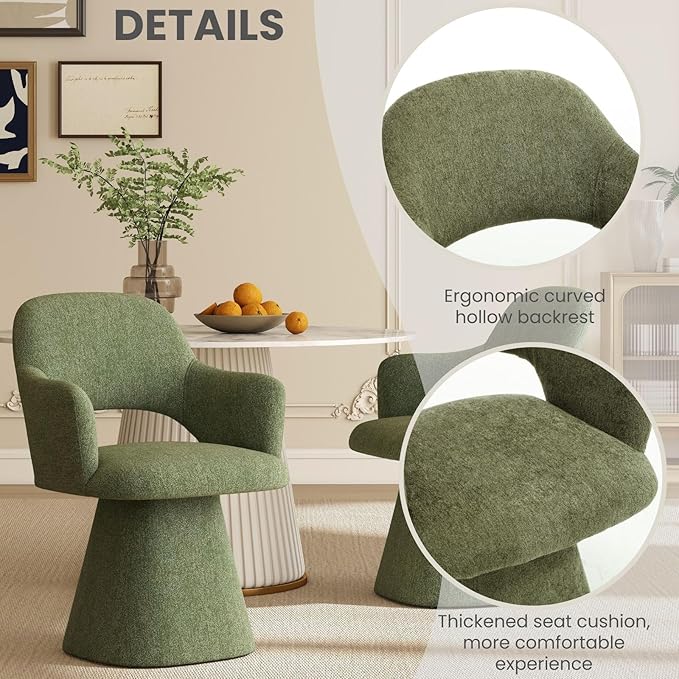 Green Modern Swivel Dining Chair, Upholstered Chenille Dining Room Chairs with Curved High Back, Comfy Side Armchair for Kitchen Reception Bedroom