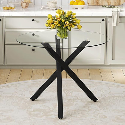 Round Glass Dining Table 39 Inch Modern Round Kitchen Table with Metal Legs Durable Stylish Dinner Table for Dining Room Kitchen