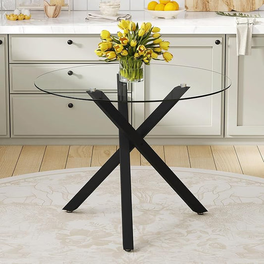 Round Glass Dining Table 39 Inch Modern Round Kitchen Table with Metal Legs Durable Stylish Dinner Table for Dining Room Kitchen