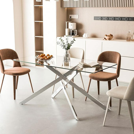 Glass Dining Table,60.63'' Rectangular Dining Kitchen Table,Modern X-Design Dining Room Table with Silver Stainless Steel Base for Dining Room (Silver,61'')