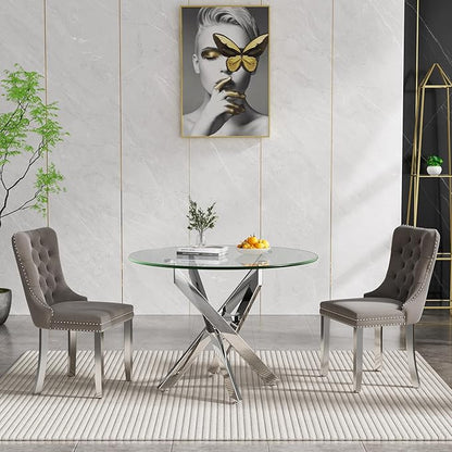 36'' Round Dining Table for 2-4, Round Dining Room Table for Small Space, Silver Glass Kitchen Table for 4, X-Shape Metal Legs