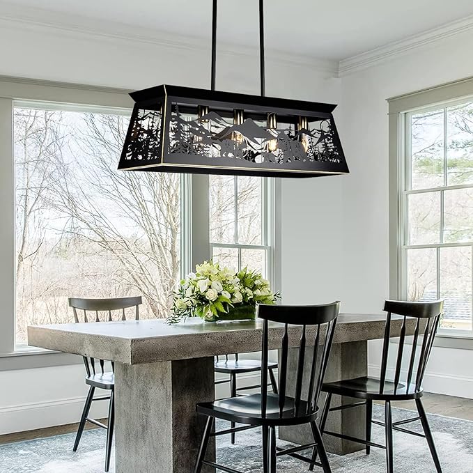 Rustic Dining Room Light Fixture, Bear Kitchen Island Lighting, 32-Inch 5-Light Black Rectangle Farmhouse Chandeliers, Adjustable Height Pendant Light for Kitchen Island, Dining Room Over Table
