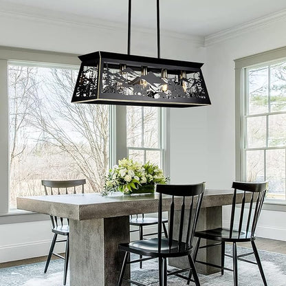 Rustic Dining Room Light Fixture, Bear Kitchen Island Lighting, 32-Inch 5-Light Black Rectangle Farmhouse Chandeliers, Adjustable Height Pendant Light for Kitchen Island, Dining Room Over Table