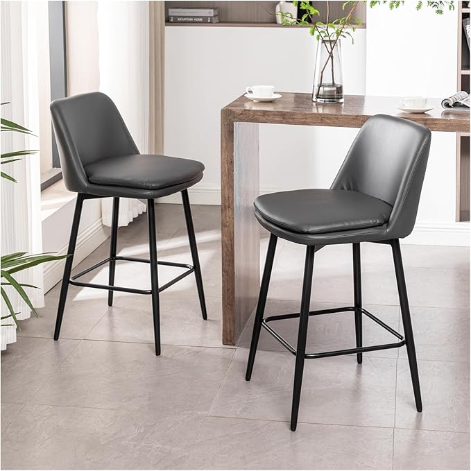 Counter Height Swivel Bar Stools Set of 2, 360° Swivel Upholstered Barstools with Back and Metal Legs, 25.6" Seat Height,Counter Stools for Kitchen Island and Pub,Faux Leather,Grey,for Living Room
