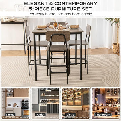 KOTEK 5-Piece Counter Height Dining Table Set, Industrial Kitchen Table and Chairs for 4, Space-Saving Dinette Set with Bar Stools for Dining Room, Pub, Restaurant (Grey Oak)