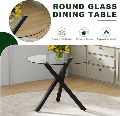 Round Glass Dining Table 39 Inch Modern Round Kitchen Table with Metal Legs Durable Stylish Dinner Table for Dining Room Kitchen
