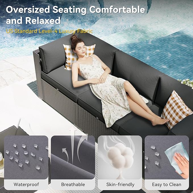 Aoxun 7 Piece Patio Furniture Set, Outdoor Sectional Sofas with Waterprool Cover, Wicker Rattan Outdoor Furniture Patio Conversation Set for Backyard, Garden Dark Grey
