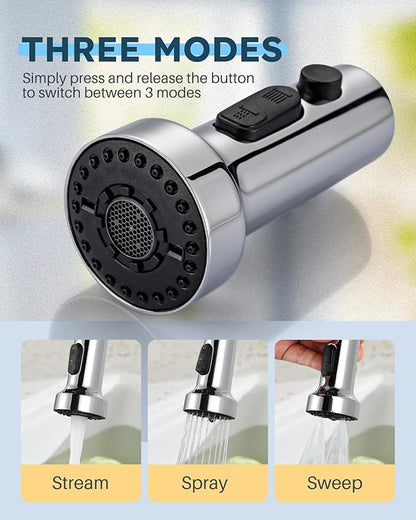 Pull Down Faucet Head Replacement: ARCORA Stainless Steel Kitchen Faucet Head with 13 Adapters - Chrome 3-Function Pull Down Spray Head Compatible with Moen, Delta, American Standard Faucets