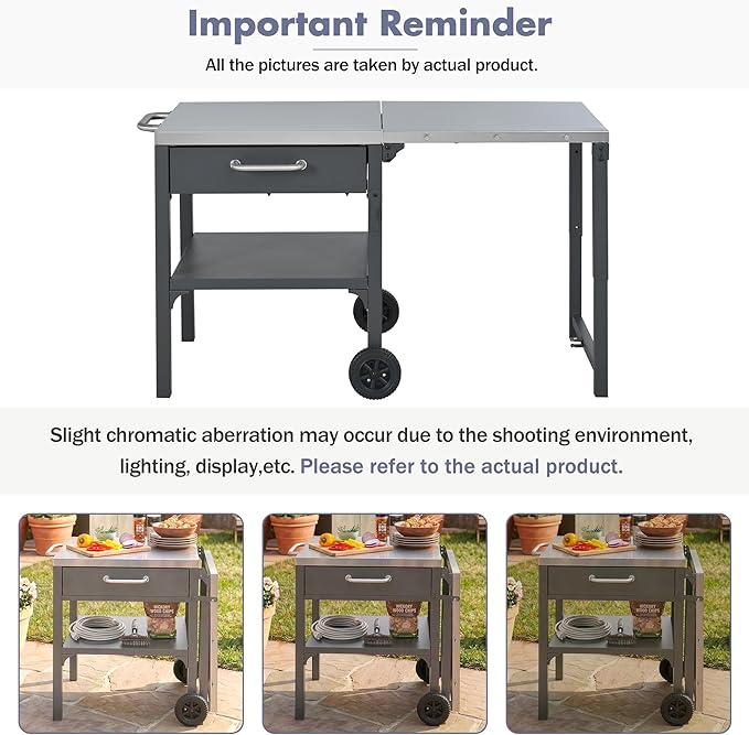 JIJIWANG 54.7" Outdoor Kitchen Island with Stainless Steel Top and Foldable Table, Kitchen Island with Drawer and Shelf, BBQ Cart with Wheels for Backyard Patio Gray
