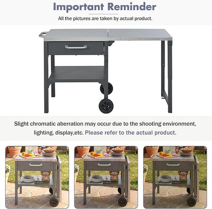 JIJIWANG 54.7" Outdoor Kitchen Island with Stainless Steel Top and Foldable Table, Kitchen Island with Drawer and Shelf, BBQ Cart with Wheels for Backyard Patio Gray