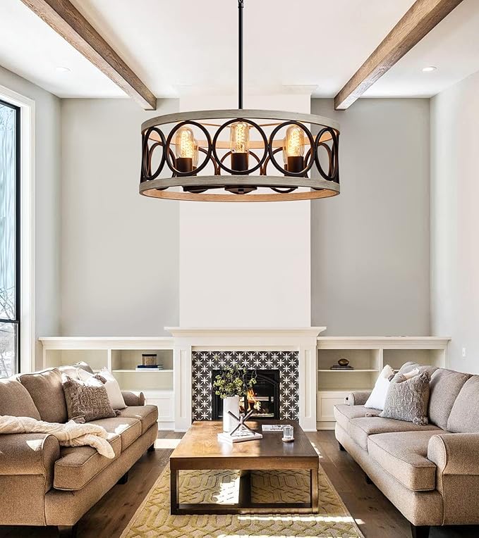 MEIXISUE Modern Farmhouse Drum Chandelier Black and White Birch Finish 6-Lights Round Metal Rustic Vintage Chandelier Light Fixtures for Kitchen Dining Room Living Room Office Hotel Restaurant