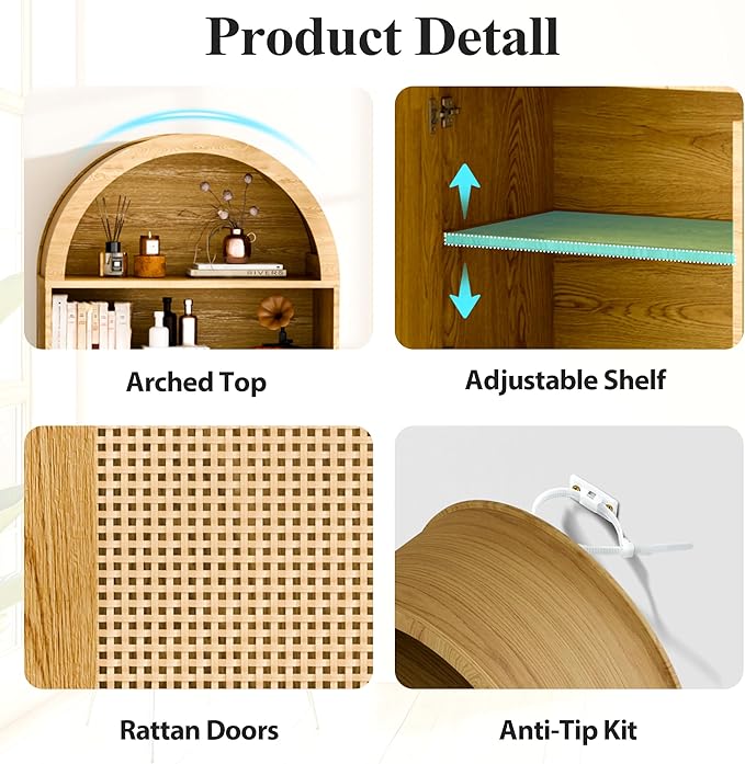 63" Tall Arched Pantry Cabinet with Doors, 5-Tier Arched Bookcase with Adjustable Shelves, Wood Storage Cabinet for Kitchen, Living Room, Office, Natural Oak