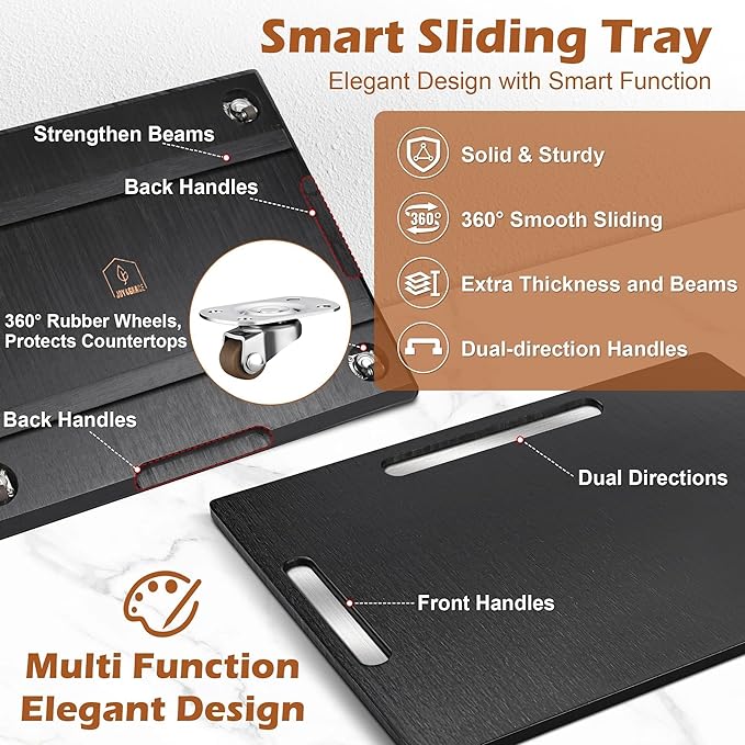 oy&Grace Appliance Slider for Kitchen Appliances 360° Rolling Sliding Tray for Coffee Maker Countertop, Bamboo Coffee Pot Slider Rolling Tray with Universal Rollers (Black, Medium 14.5" x 10")