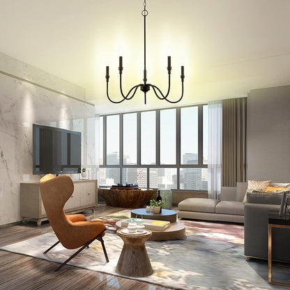 5-Light Farmhouse Chandelier Lighting Fixture, Linear Pendant Light for Kitchen Island, Dining & Living Room, Matte Black Finished