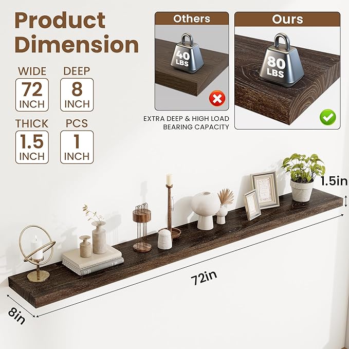 Acovy Extra Deep 72" Long Rustic Solid Wood Floating Shelves for Wall, Wall Shelves with Invisible Bracket for Living Room Bathroom Bedroom Kitchen, Set of 1, Walnut