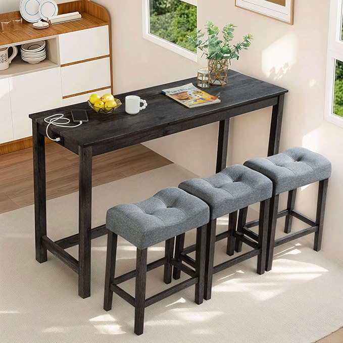 LKTART Bar Table and Chairs Set of 4, Bar Height Dining Table Set with Power Outlet and 3 Padded Stools Industrial Breakfast Table Set for Living Room, Small Space, Dark Gray