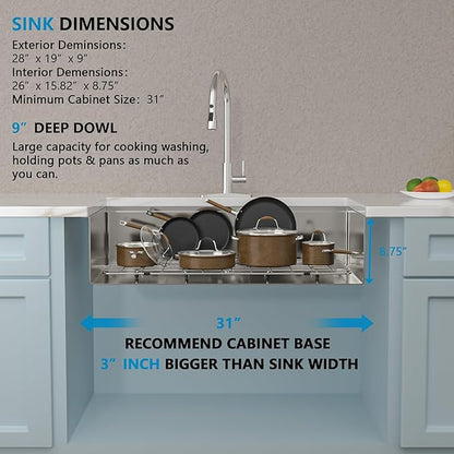 28"x19" Undermount Kitchen Sink Ledge Workstation – 16 Gauge 304 Stainless Steel Round Corners Under Counter Single Bowl Sink Basin