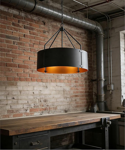 Drum Chandeliers for Dining Room,22 in Black and Gold Metal Dining Room Light Fixture Over Table, Industrial Modern Farmhouse Pendant Light for Kitchen,Entryway,Living Room